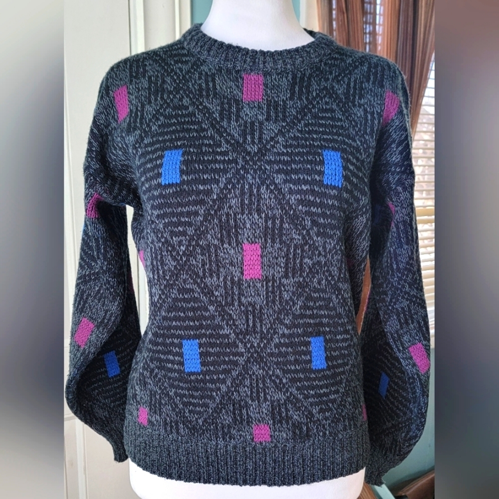 Vintage 80s/90's Geometric Knit Sweater Black Pink Blue Boys M (12-14) Women's S
